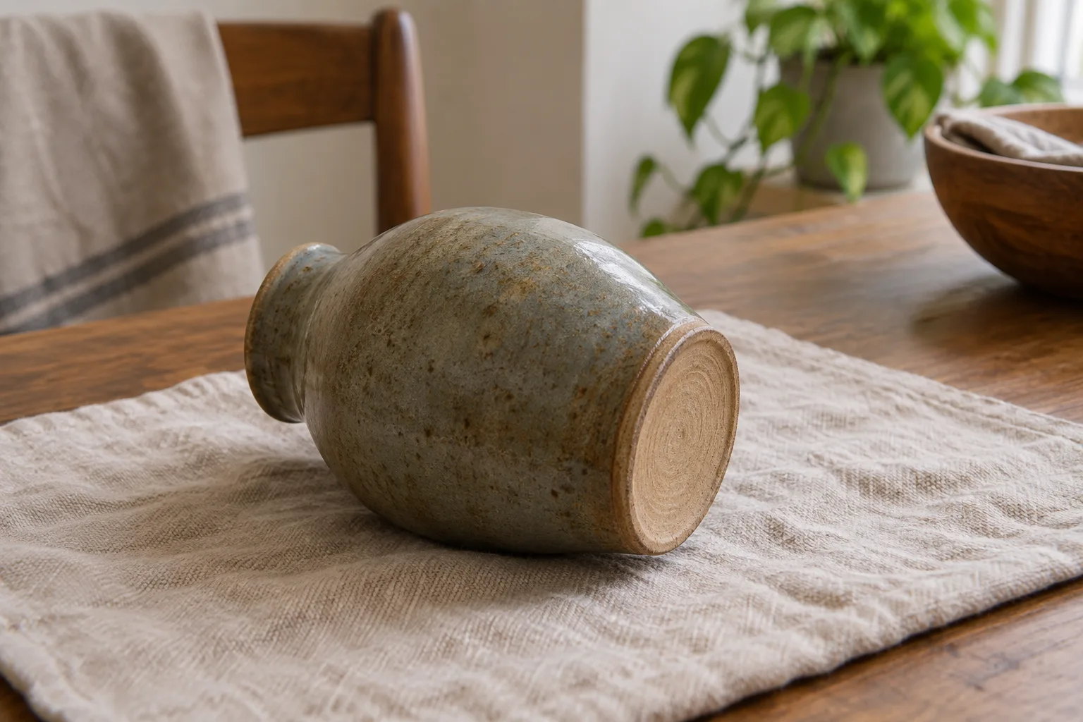 Small unmarked vase supported on its side on a padded cloth, with its foot visible.