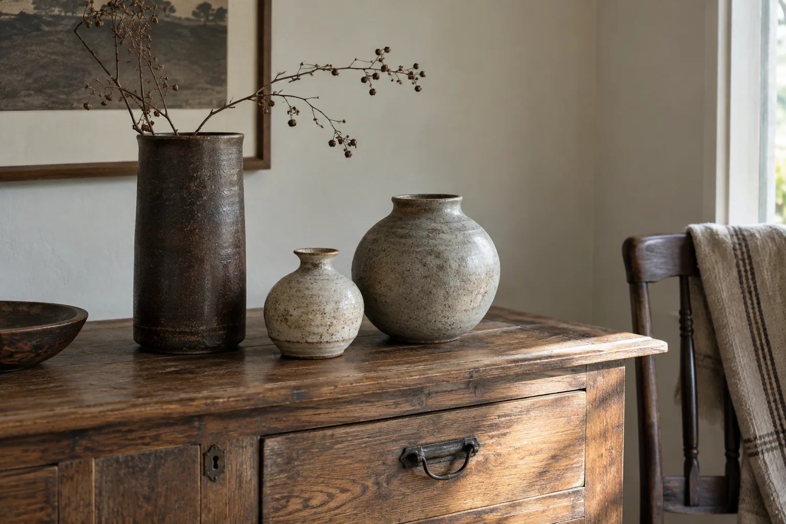 Three plain studio-style ceramic vases of different shapes on an older sideboard.
