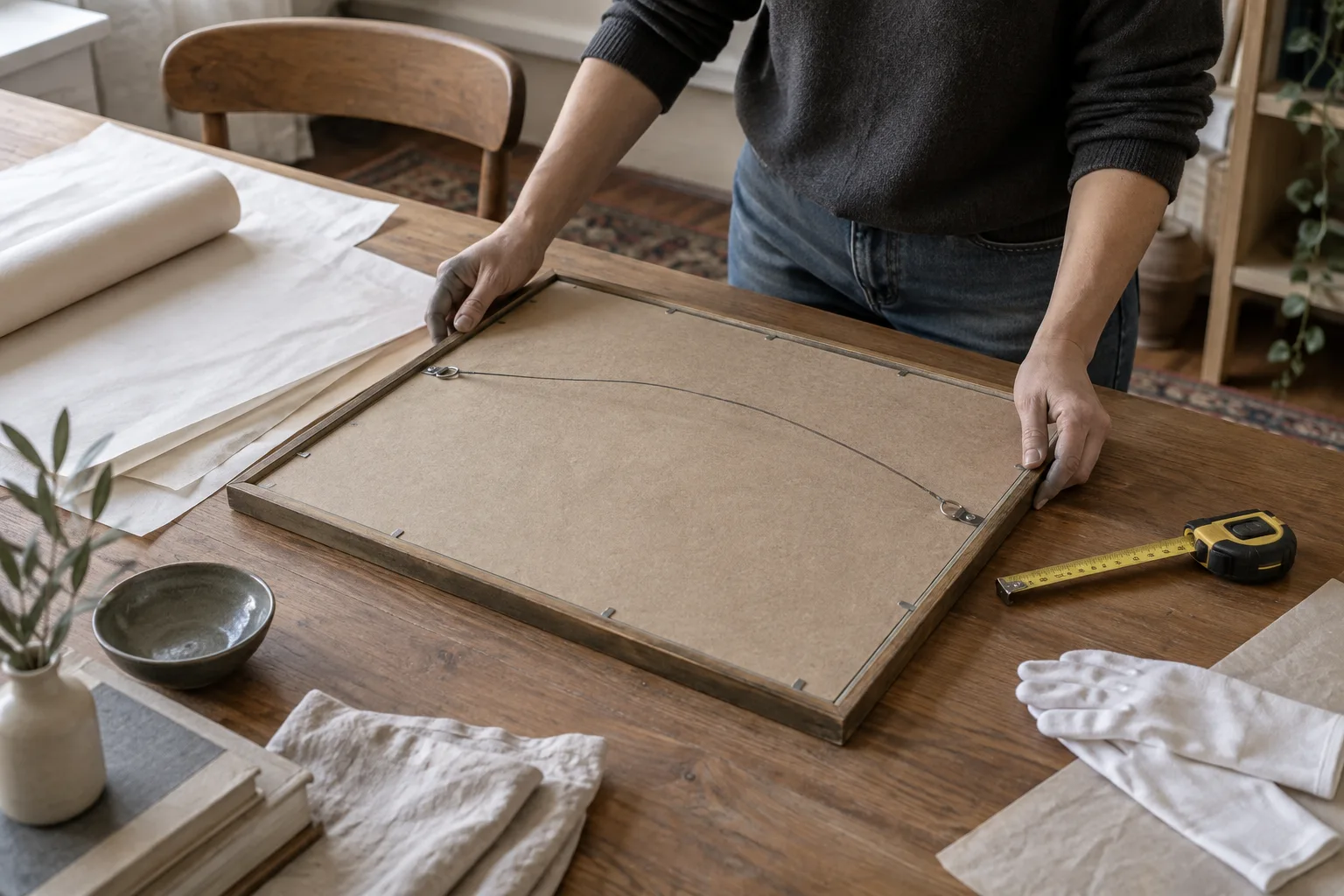 Back of an intact framed print laid on a clean table beside paper and a tape measure.