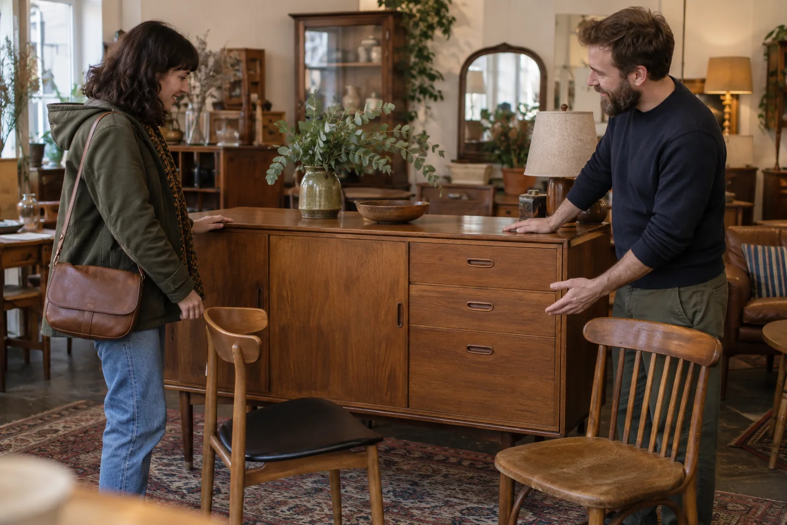A customer discussing older furniture with a shopkeeper in a small shop.