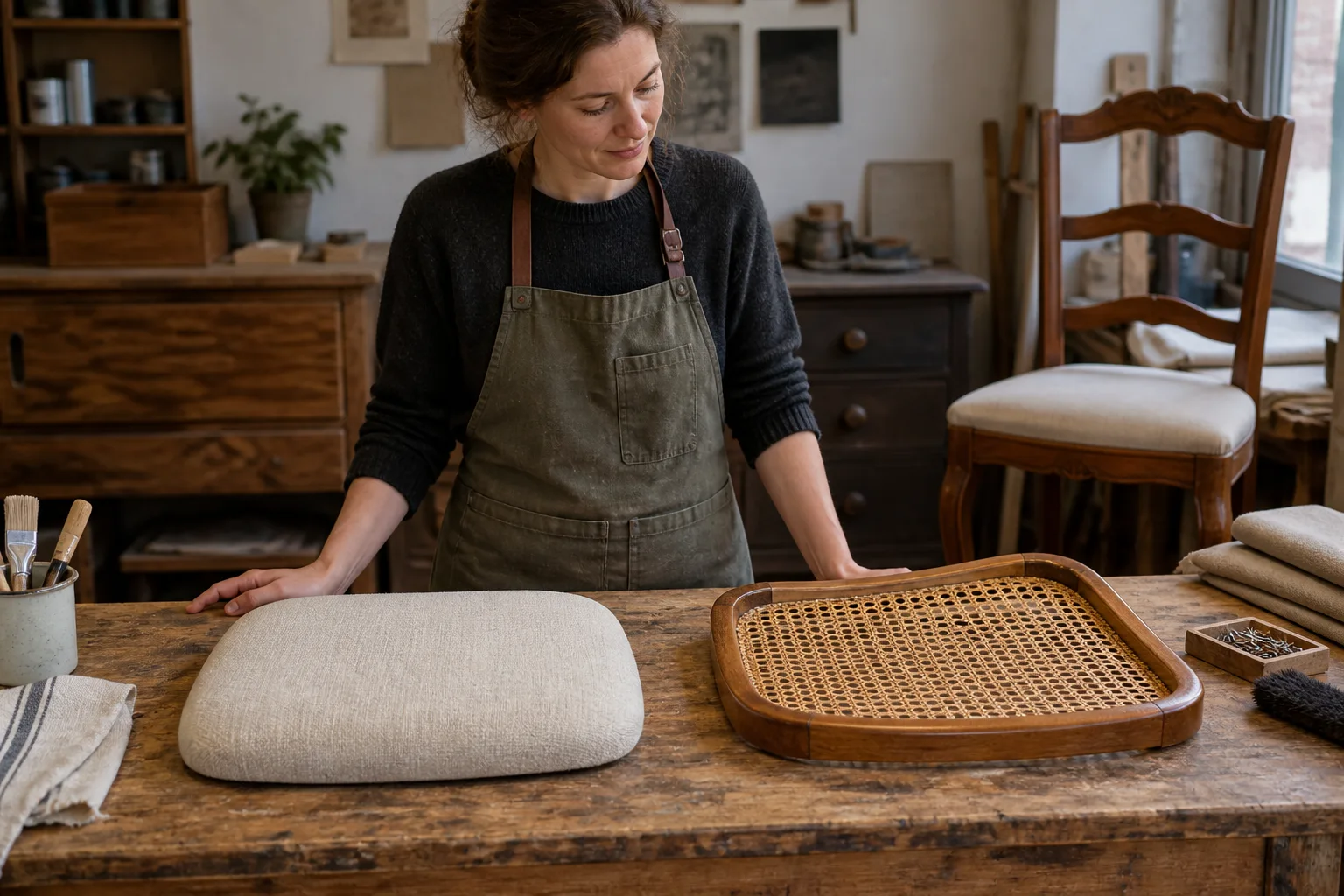A woven wooden seat frame and a separate upholstered pad laid out on a workbench.