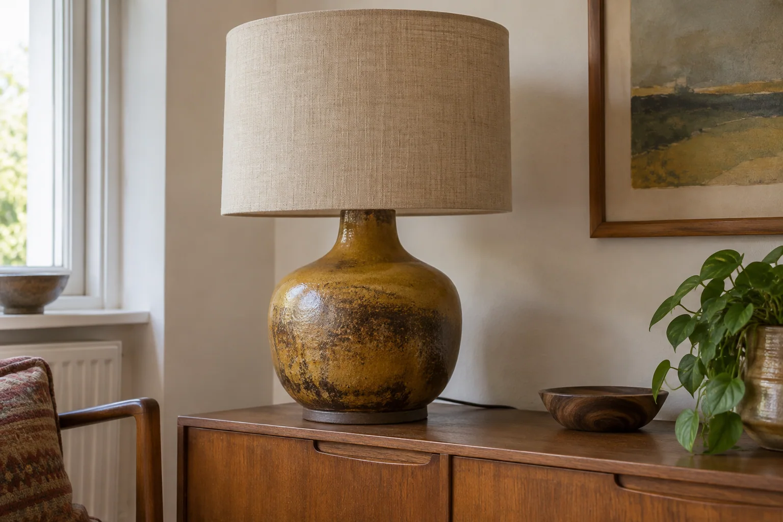 An ochre and brown ceramic lamp with a plain textile shade on a wooden cabinet.