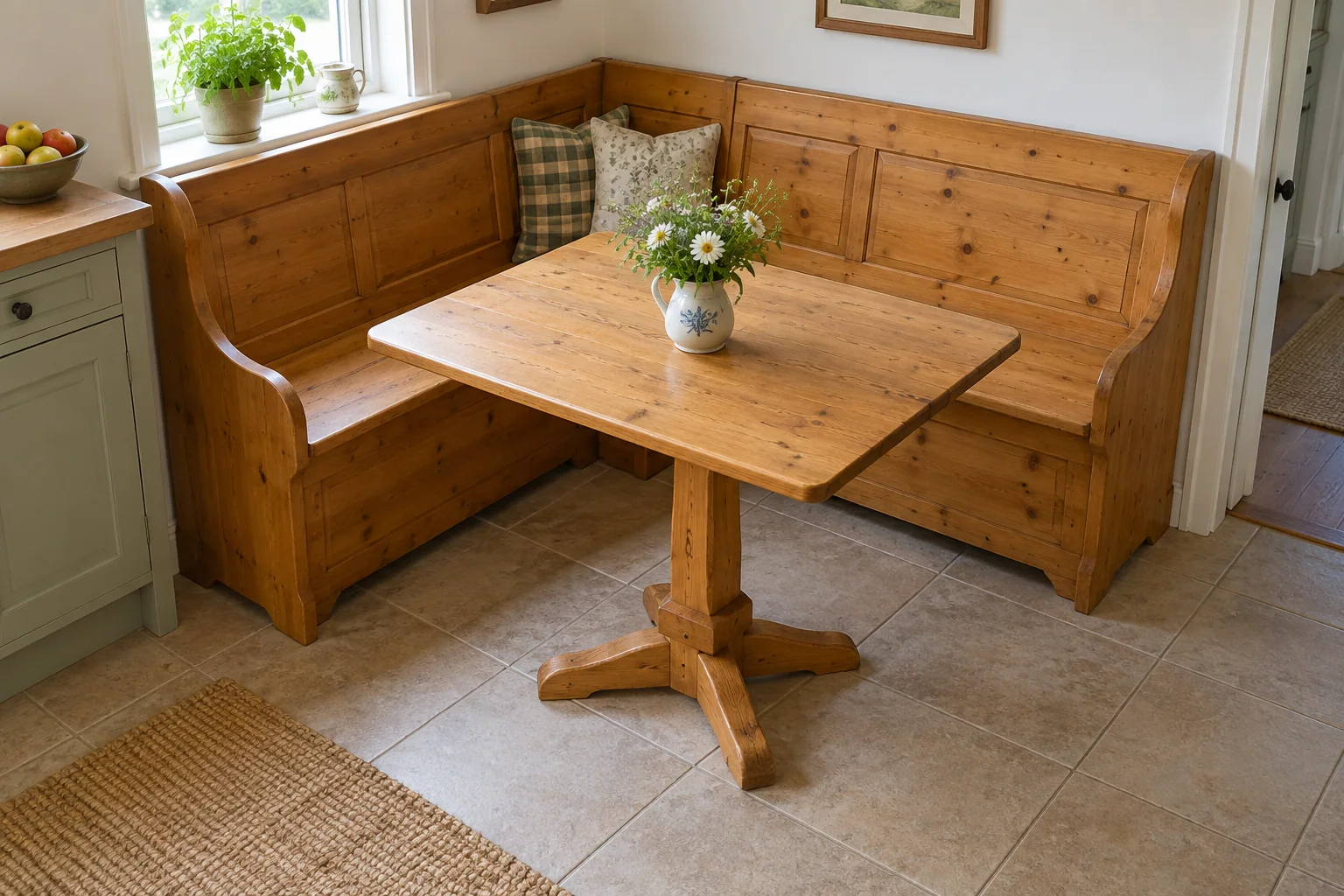 An L-shaped pine dining bench around a pedestal table in a kitchen corner.
