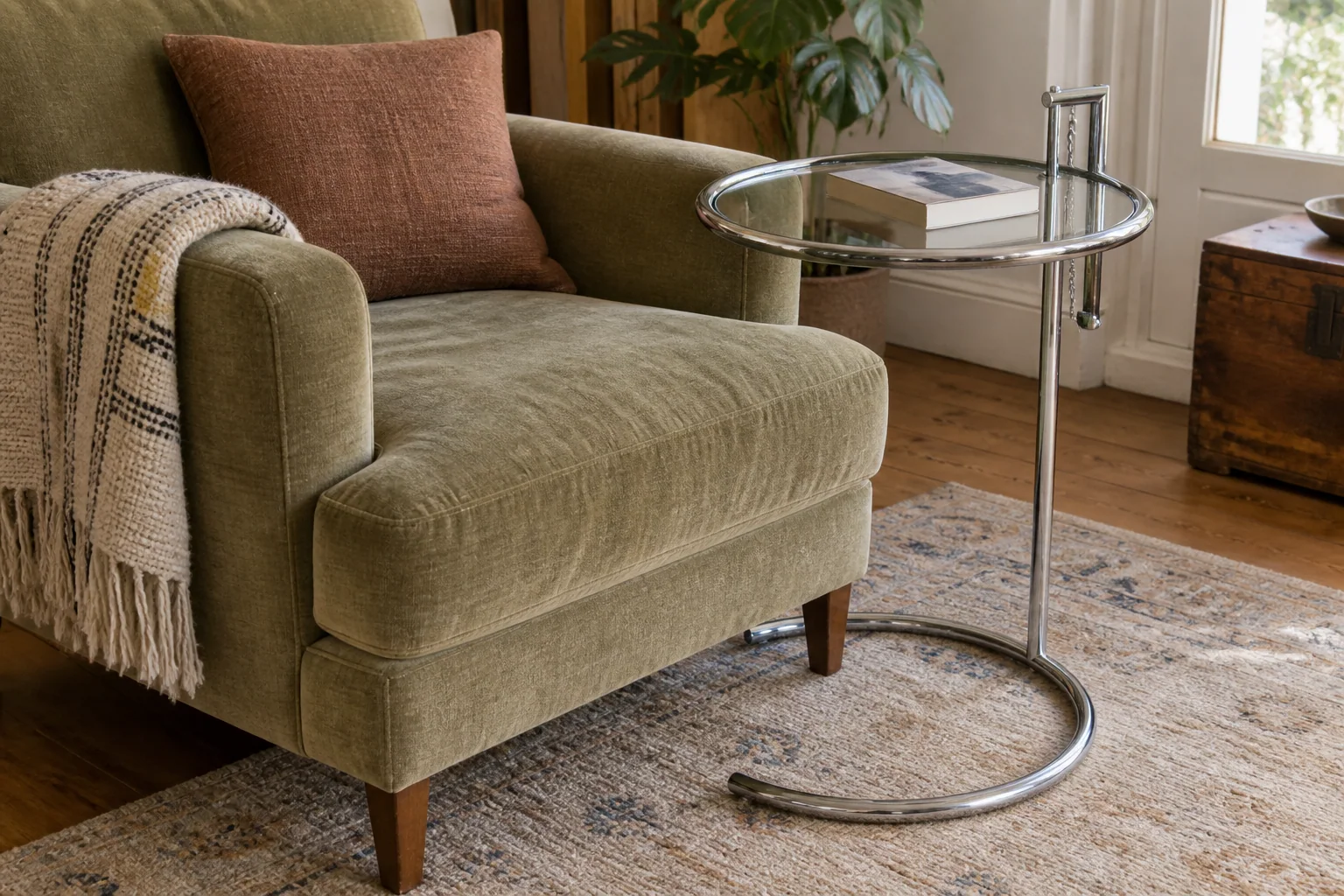 A round glass-topped adjustable metal table positioned beside a low upholstered chair.