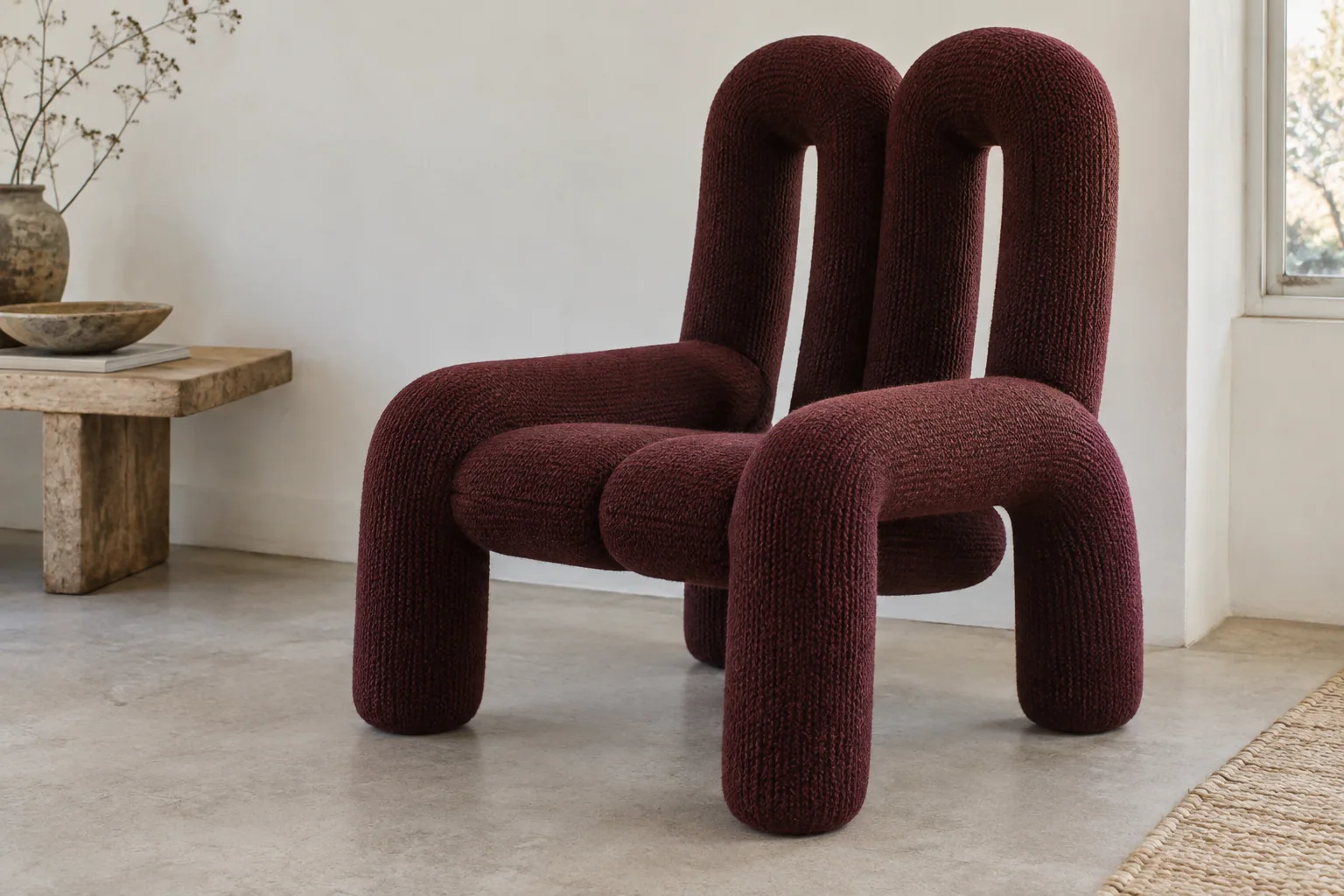 A sculptural burgundy upholstered chair with rounded tubular forms and open spaces.