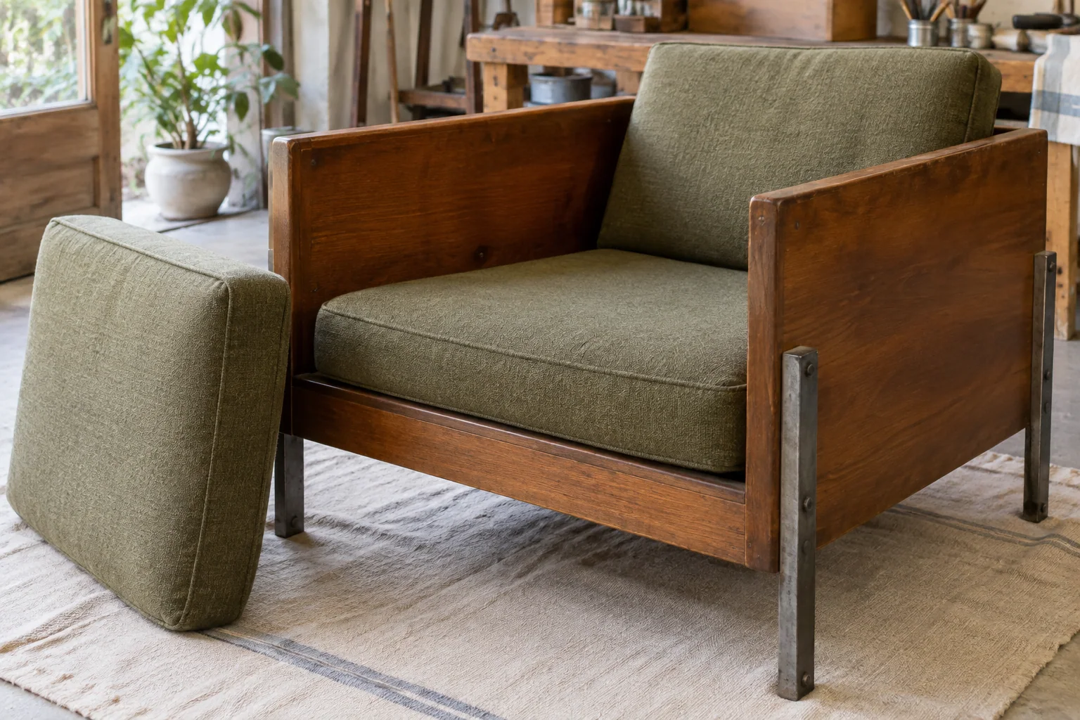 An upholstered chair with an exposed wooden case and external metal legs, with a loose cushion beside it.