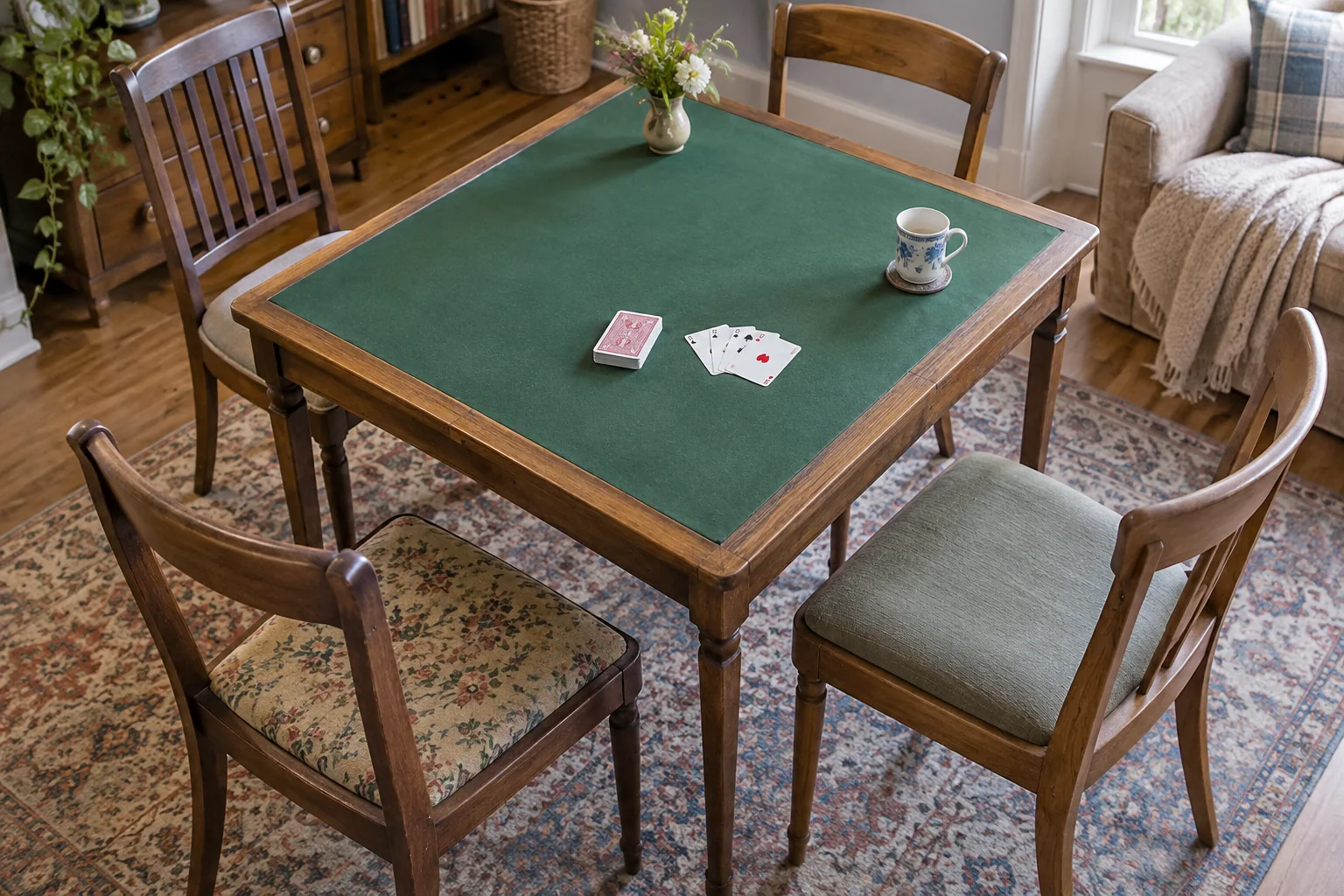 An open square games table with a green playing surface and four surrounding chairs.