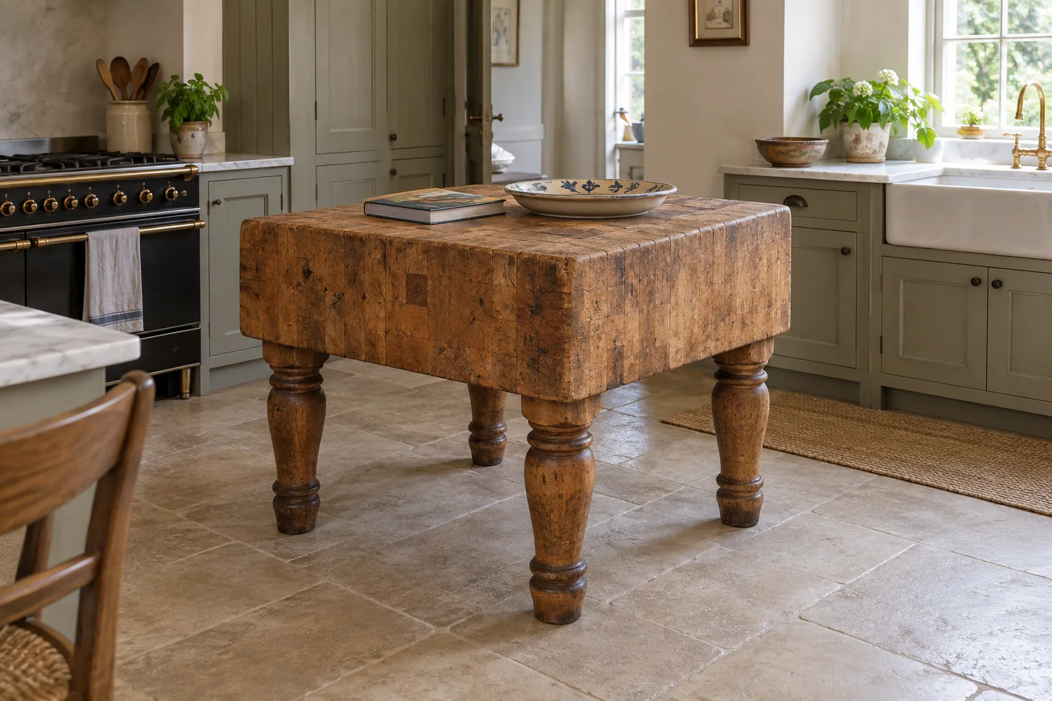 A thick square end-grain butcher-style block on wooden legs used as a small kitchen island.