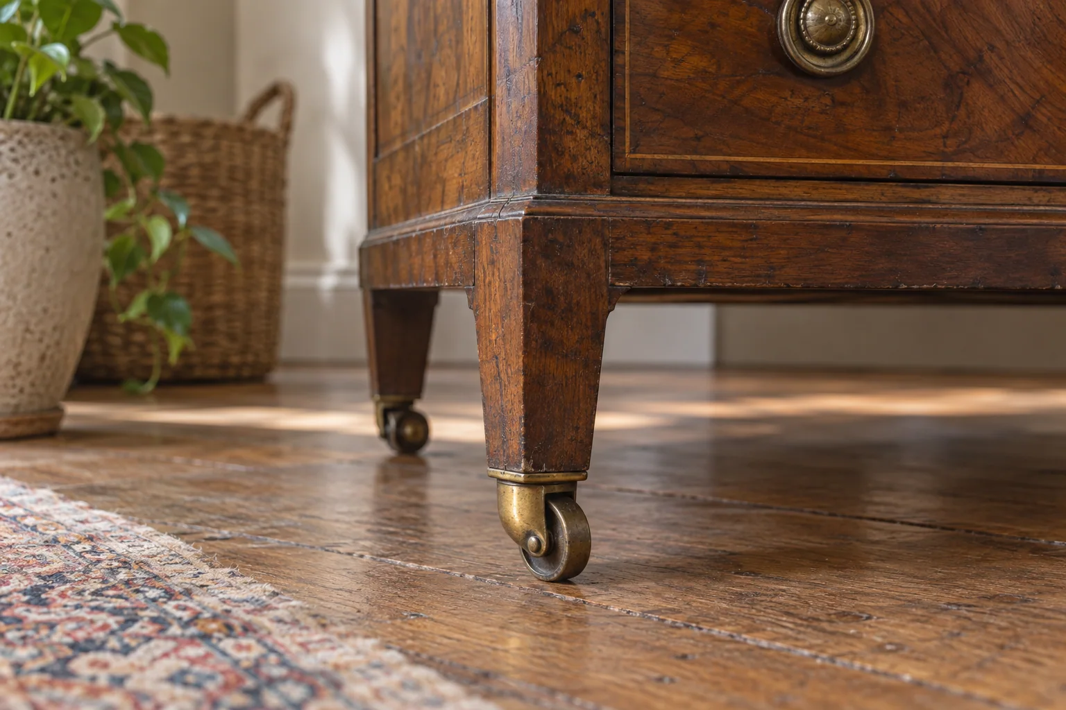 A small brass castor beneath the lower corner of an older wooden chest.
