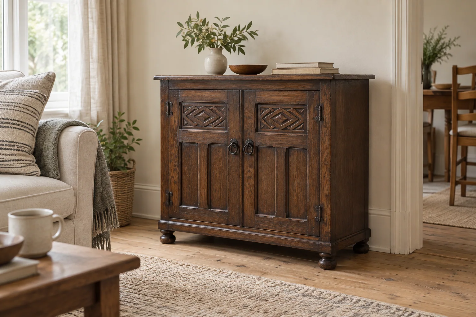 A dark oak-style cupboard with modest carved panels and ring pulls in a light contemporary room.
