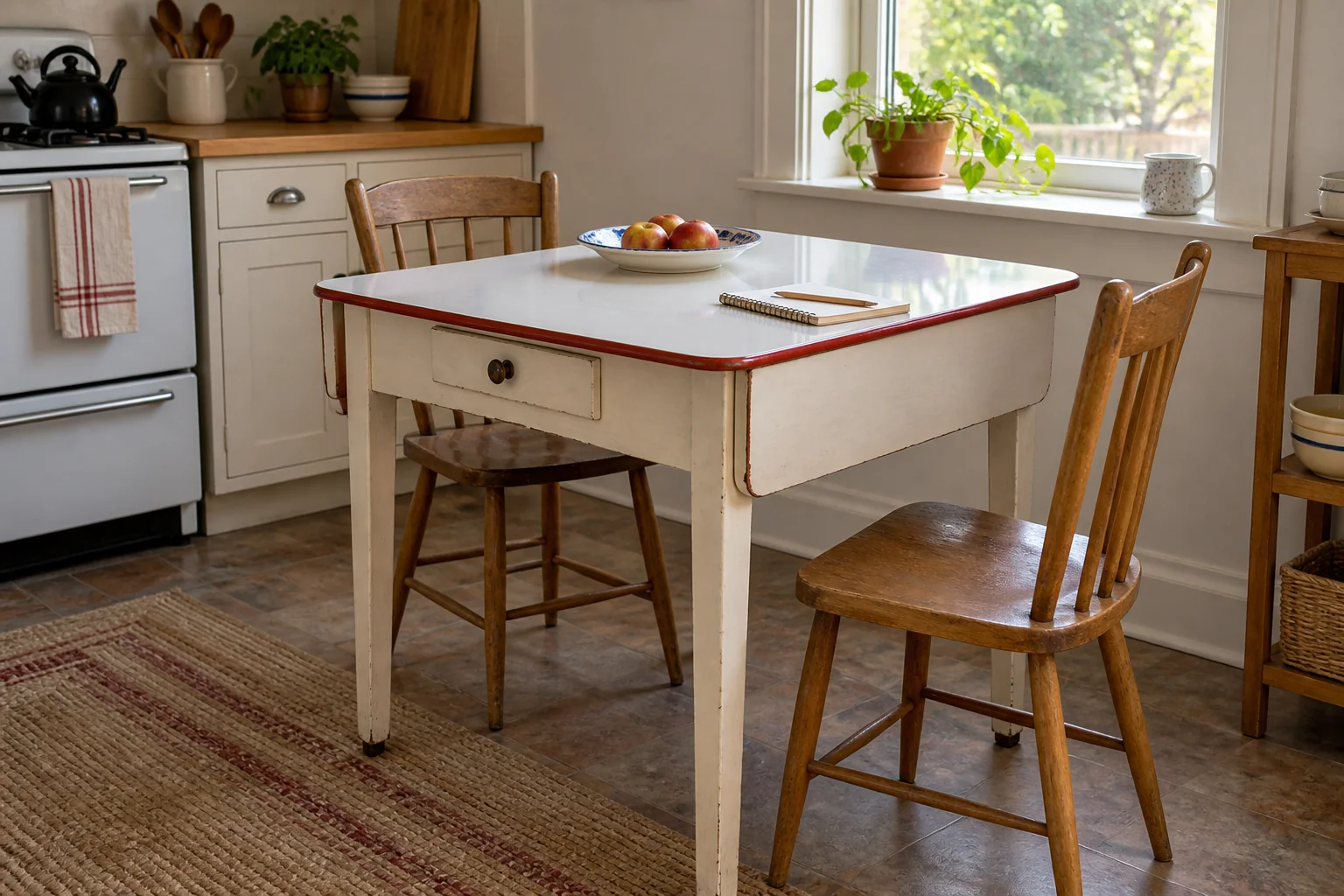 A white enamel-style kitchen table with a red rim and a drawer, surrounded by wooden chairs.