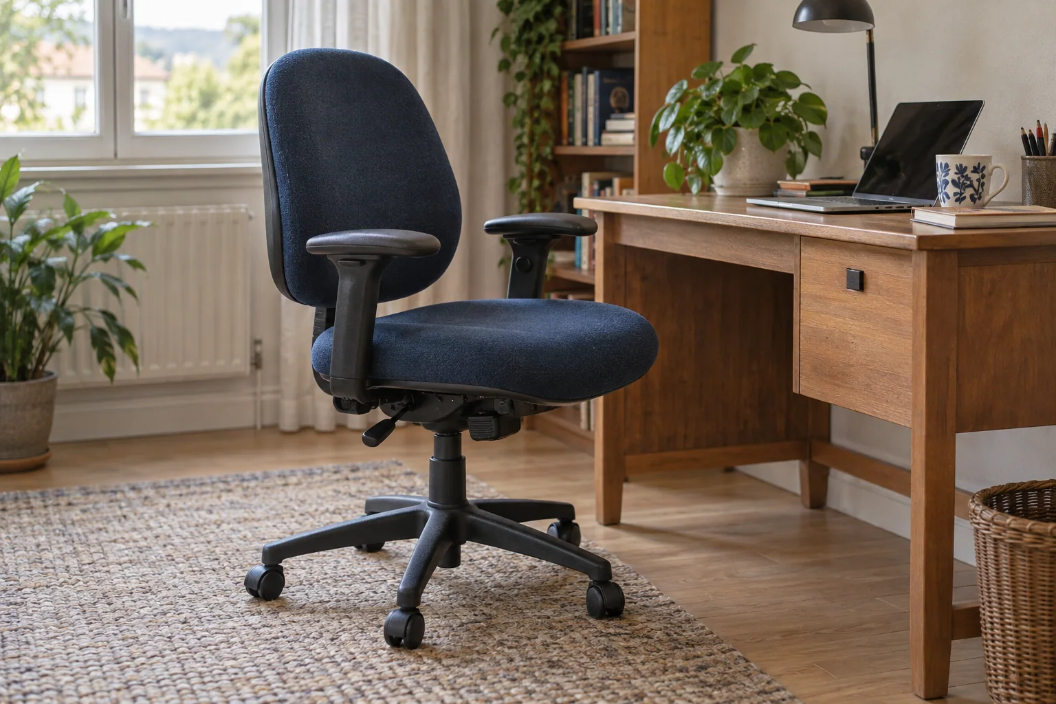 An upholstered older-style office chair beside a wooden desk, with its arms and base visible.