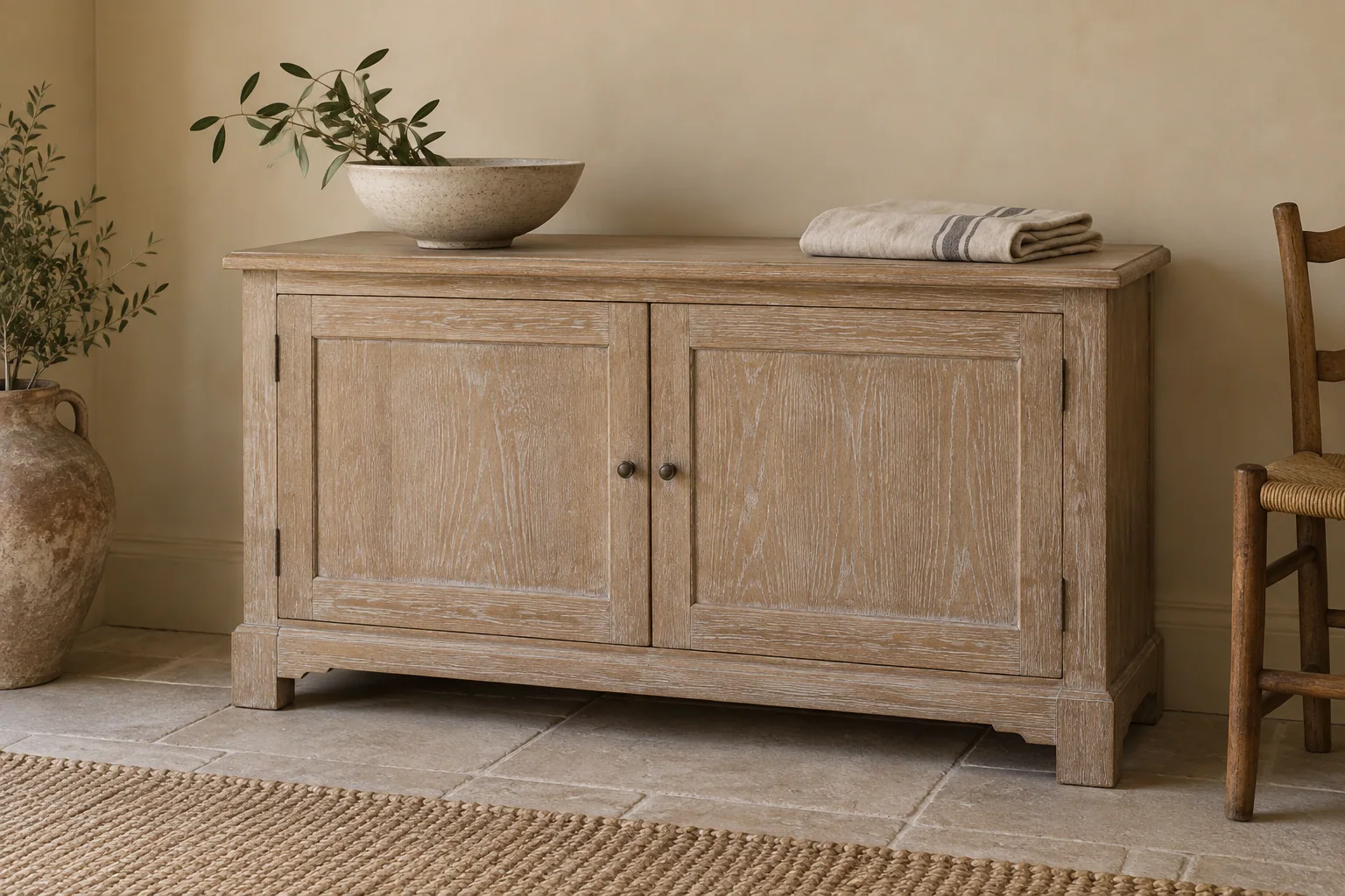 A pale oak-style cabinet with white grain contrast across its doors and top.