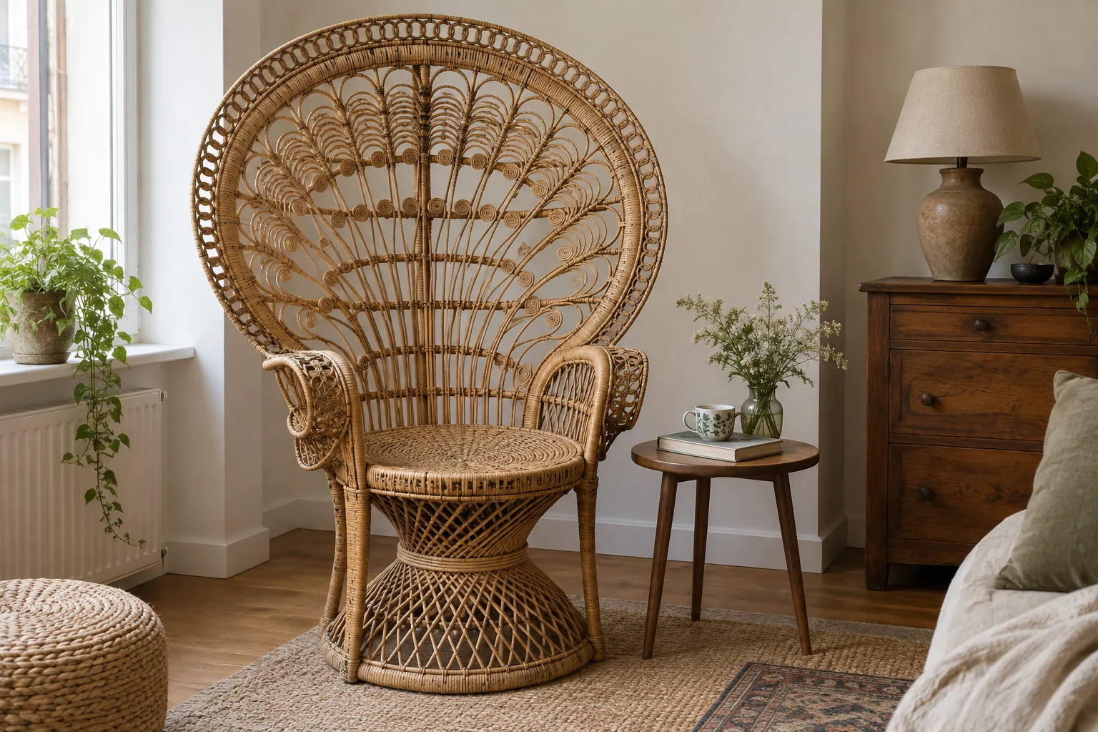 A natural rattan peacock chair with a wide fan-shaped back, small seat and woven pedestal base.