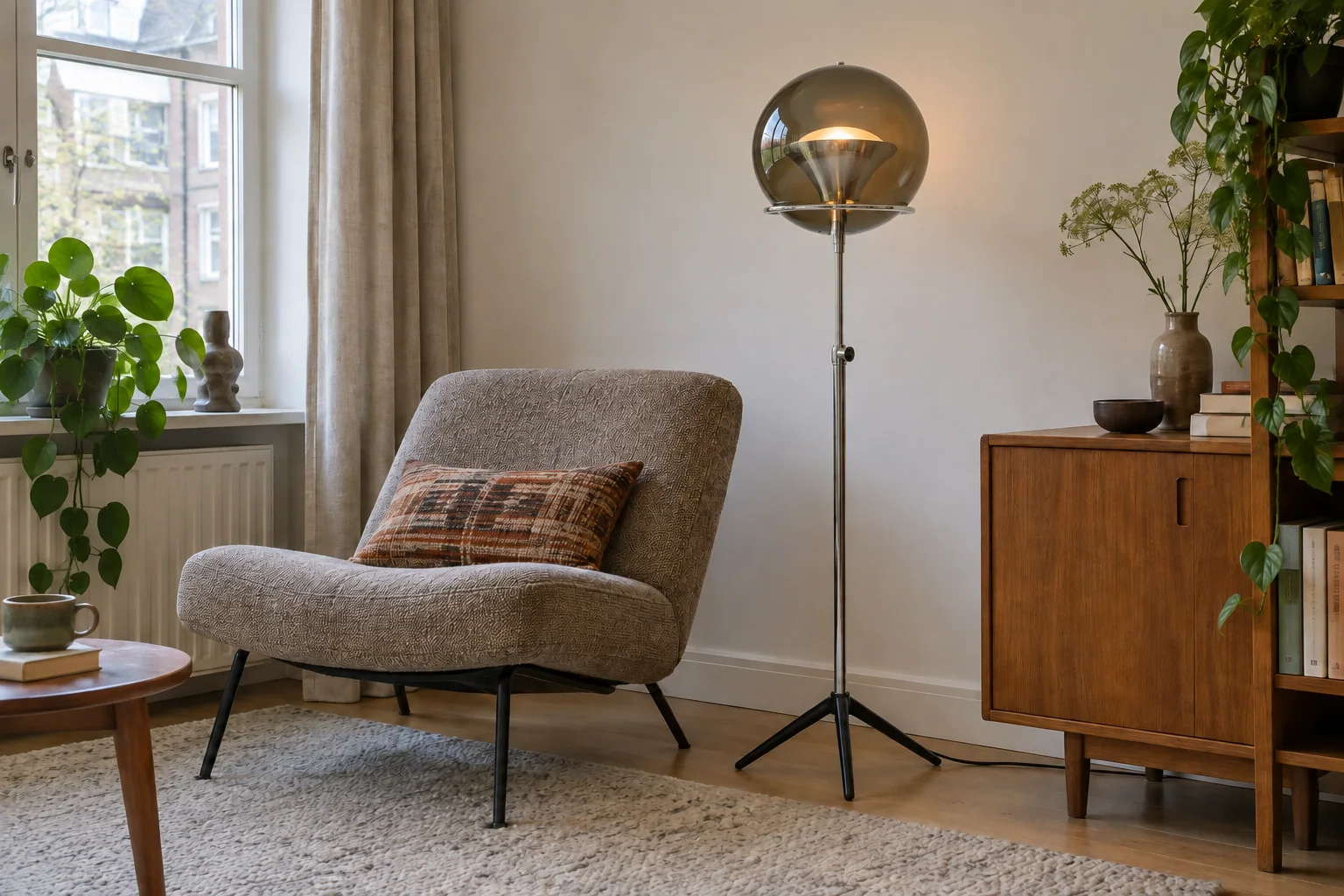 A smoked-glass globe floor lamp beside a reading chair, with space around its narrow stand.