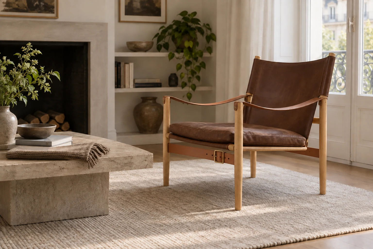 A brown leather sling chair stands on a pale rug beside a low stone table.