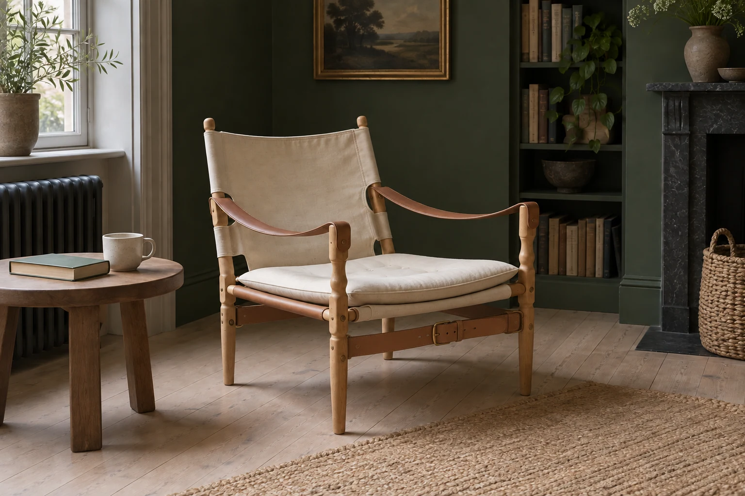 A canvas sling chair with a light timber frame and leather strap arms stands in a green reading corner.