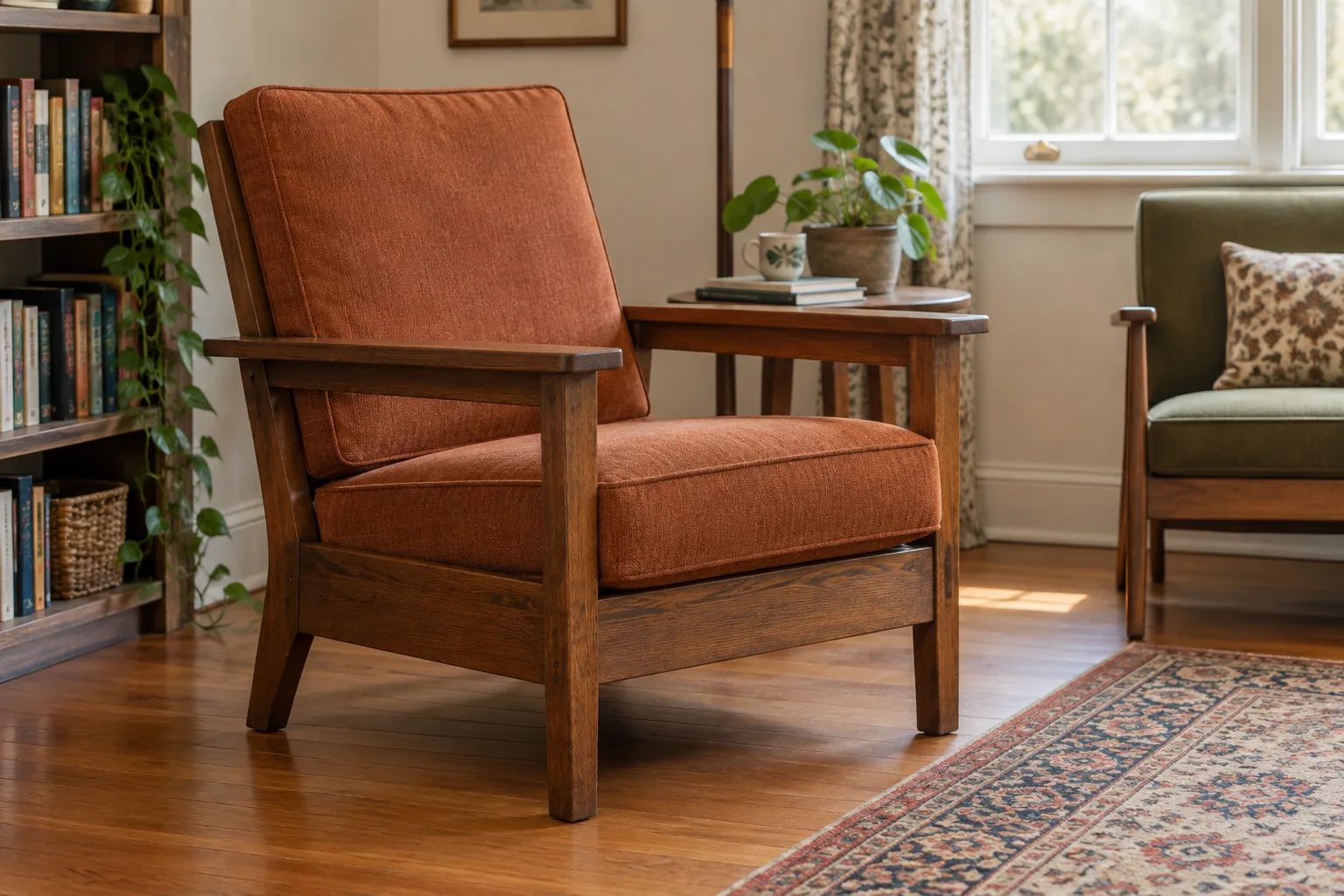 An upright wooden armchair with orange cushions and broad flat arms in a sitting room.