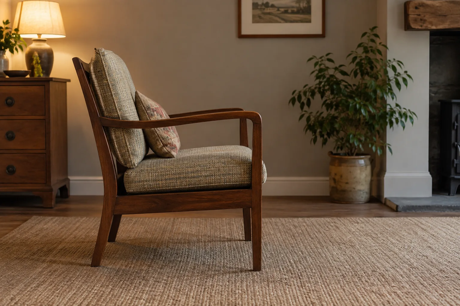 Side view of a wooden armchair with a thick seat cushion, back cushion and open space below the arm.