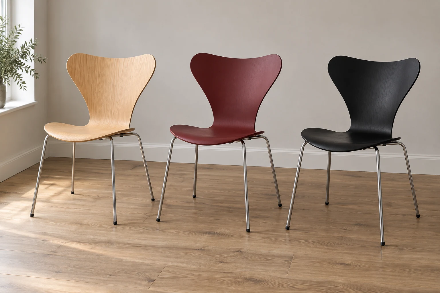 Three butterfly-shaped shell chairs in light wood, burgundy and black stand beside one another.