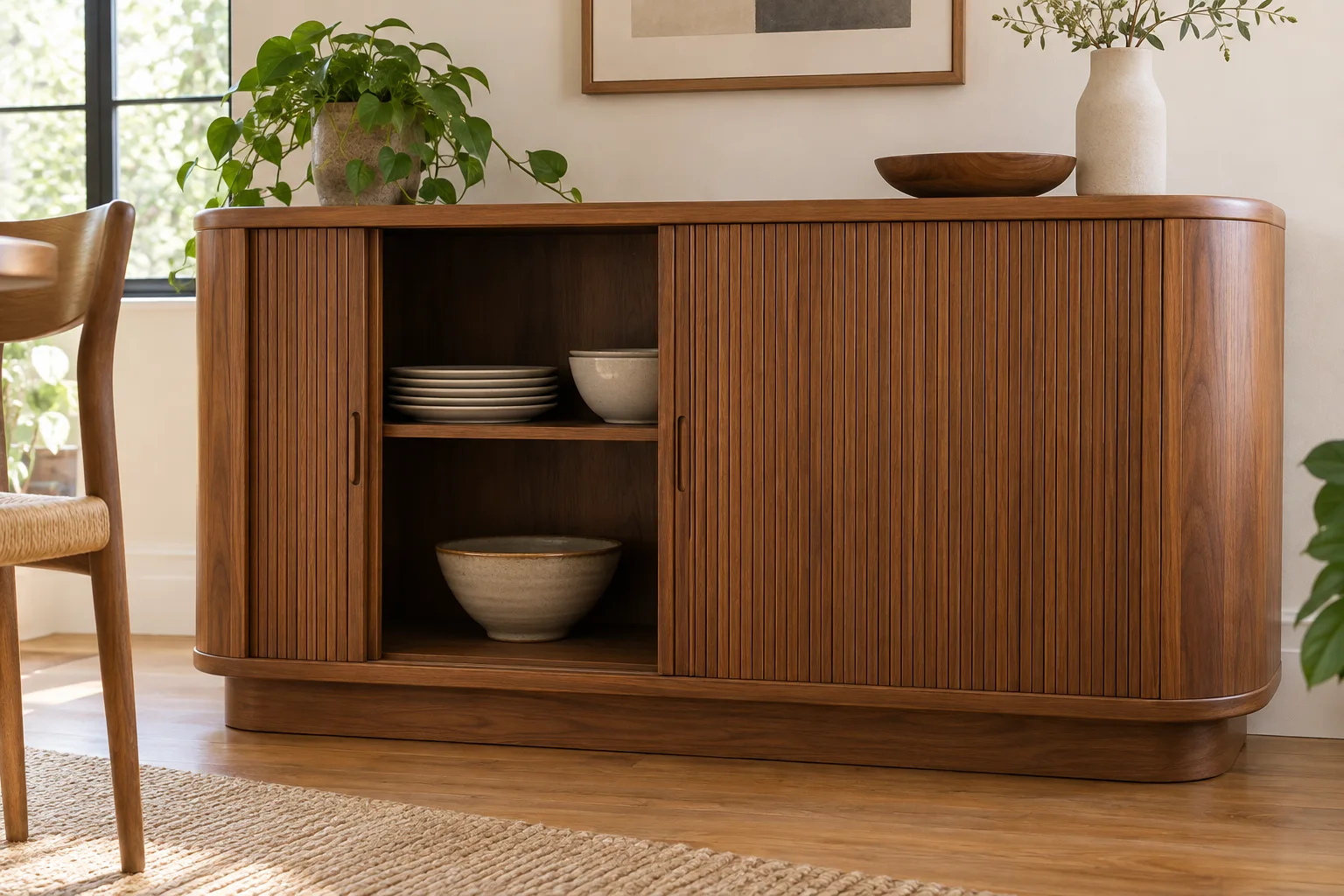 A compact wooden cabinet with curved ends and vertical-slatted tambour doors, partly open to show shelves.