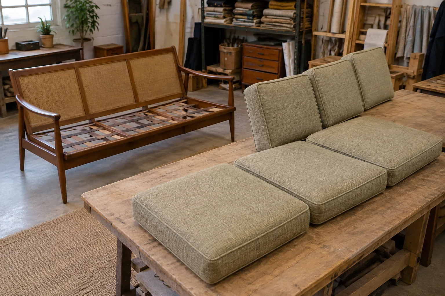 Loose cushions rest beside an open wooden sofa frame in a workroom.