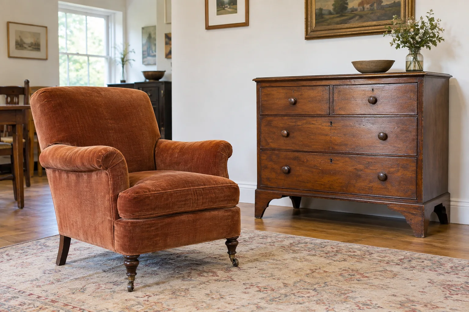 An upholstered armchair and wooden chest stand separately in a dealer’s viewing room.