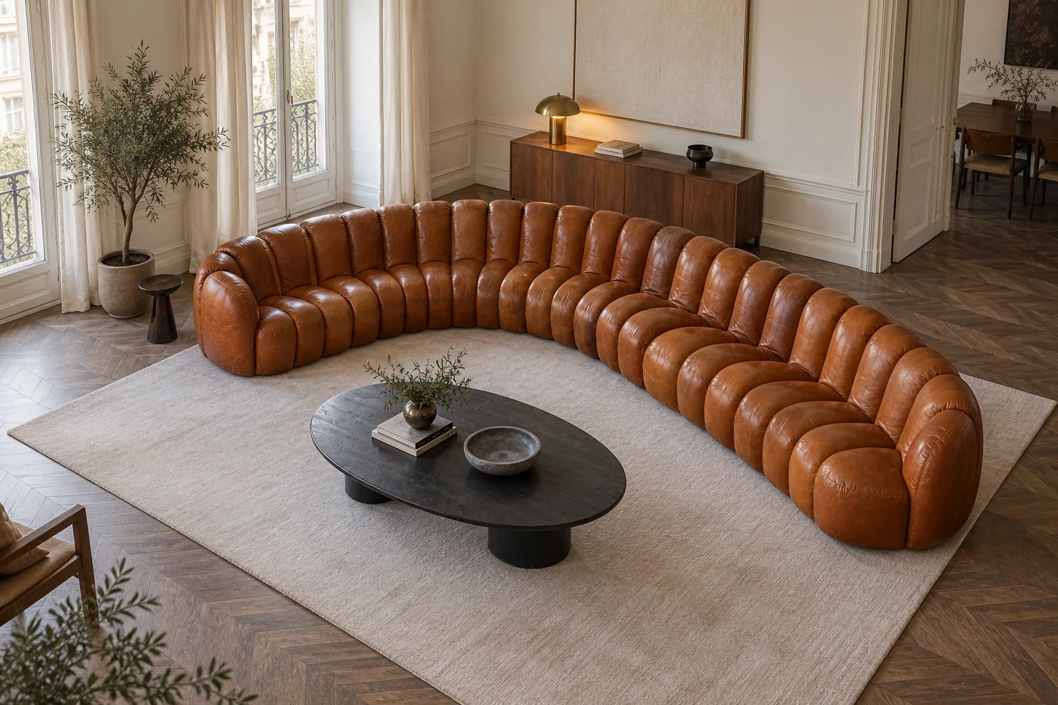 An elevated view of a curved sofa with many narrow padded elements, a coffee table and a separate wooden chair.