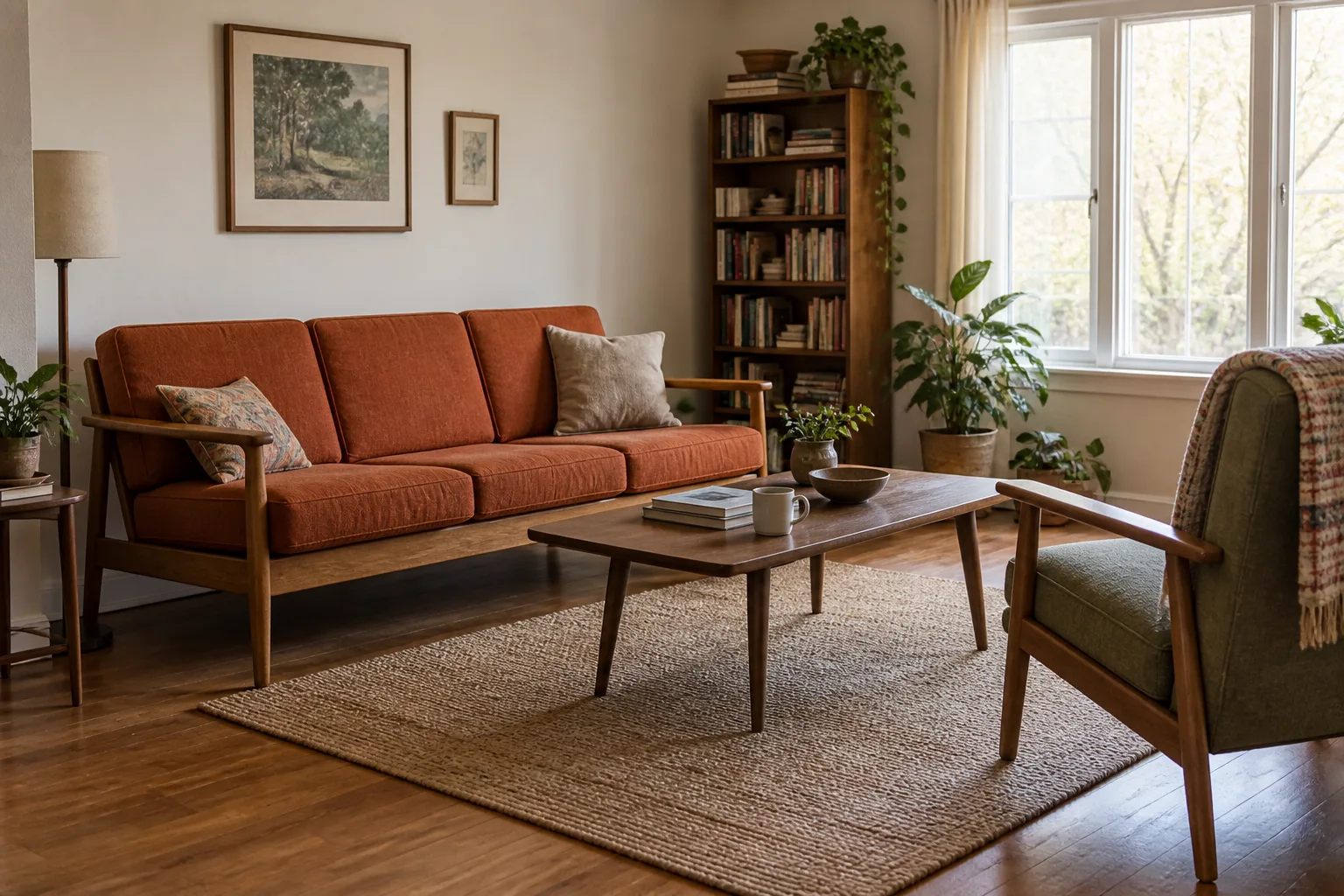 An open wooden sofa with separate rust-coloured cushions in a modest sitting room.