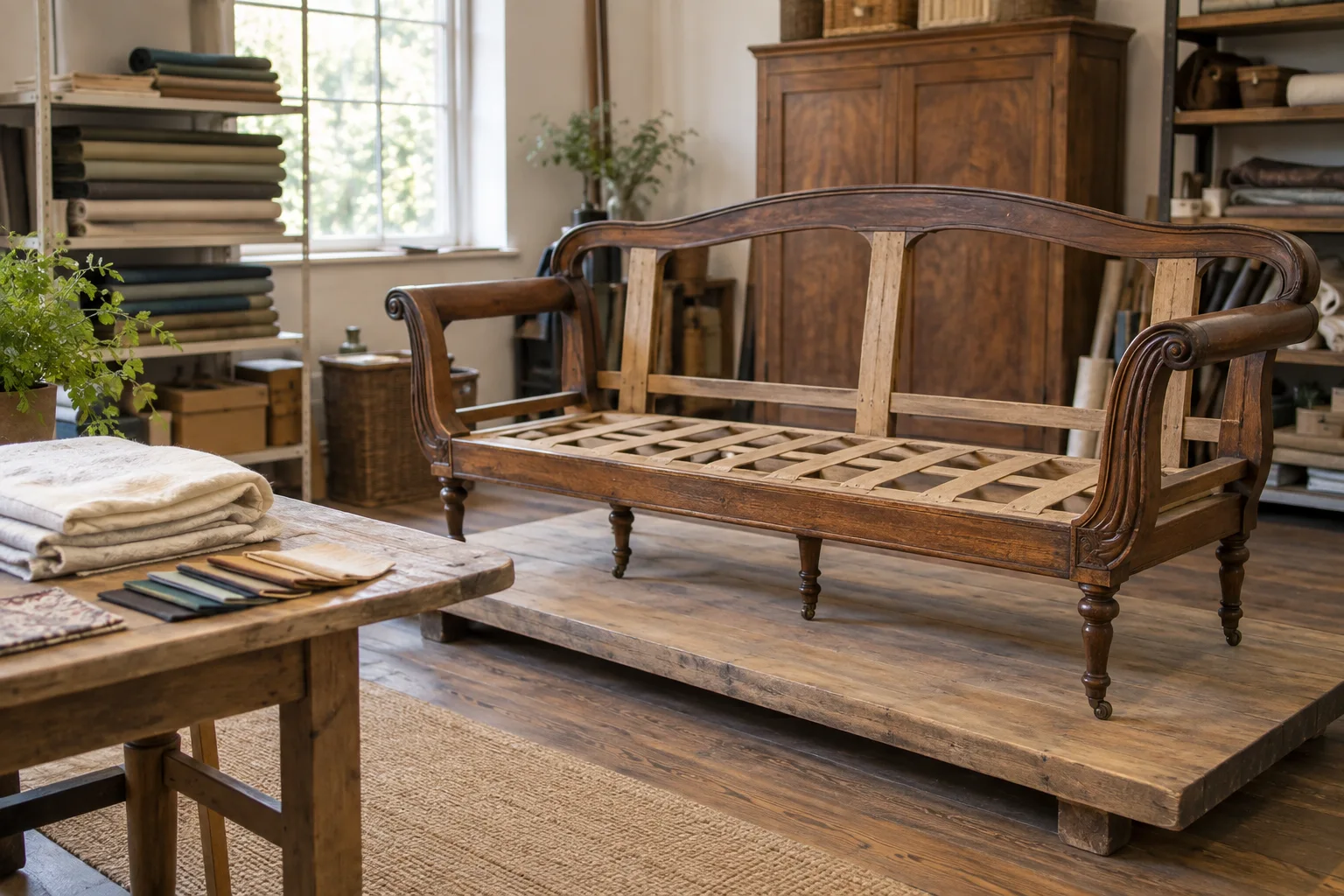 A complete sofa frame and its removed covers beside a workshop table.