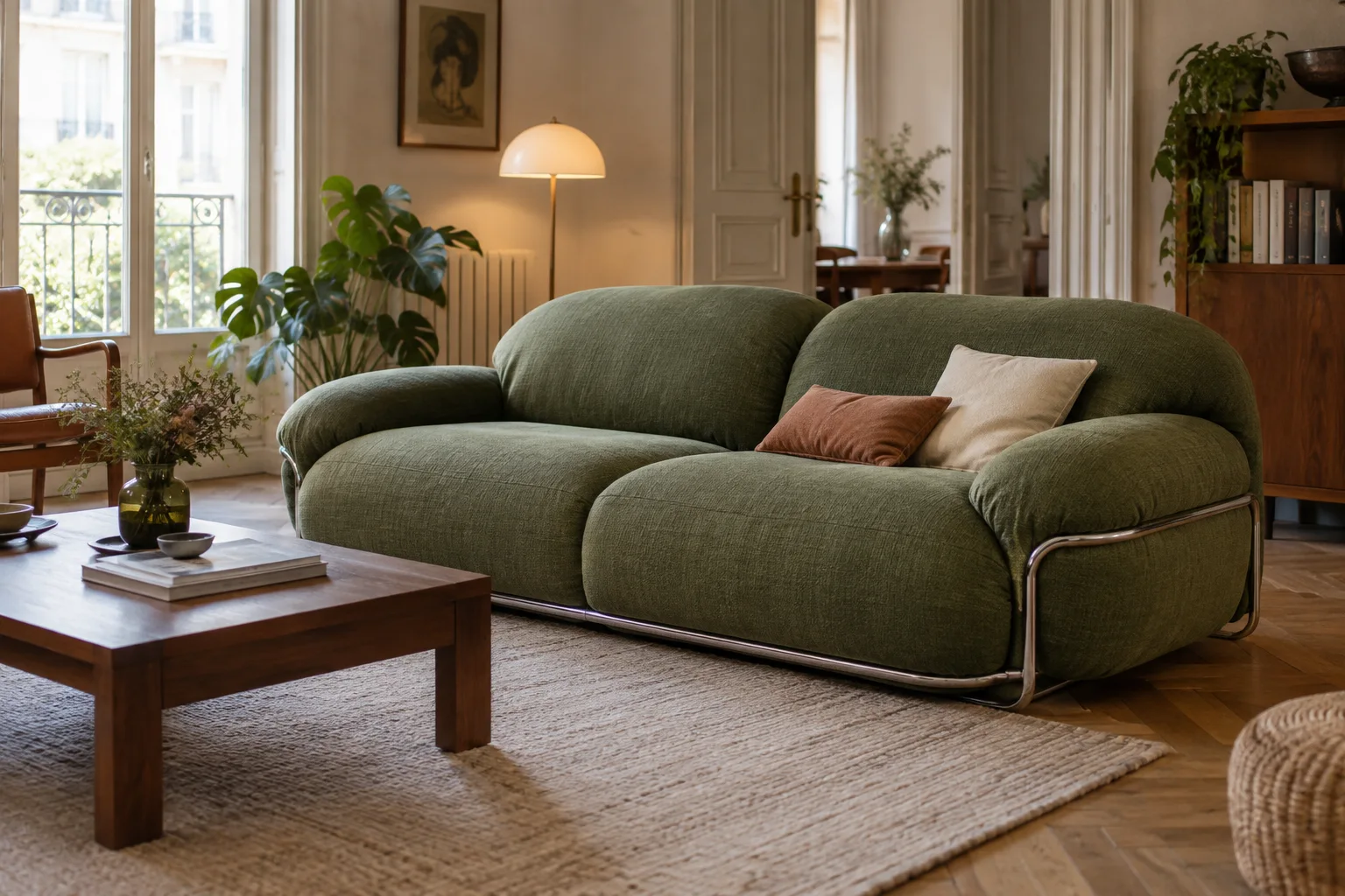 A generously upholstered green sofa gathered by an external metal brace in a sitting room.