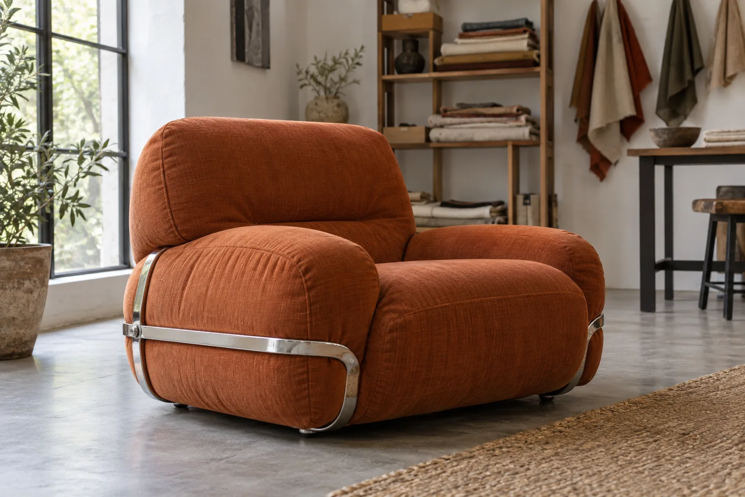 A low orange upholstered armchair with a metal brace around its sides, seen in a workroom.