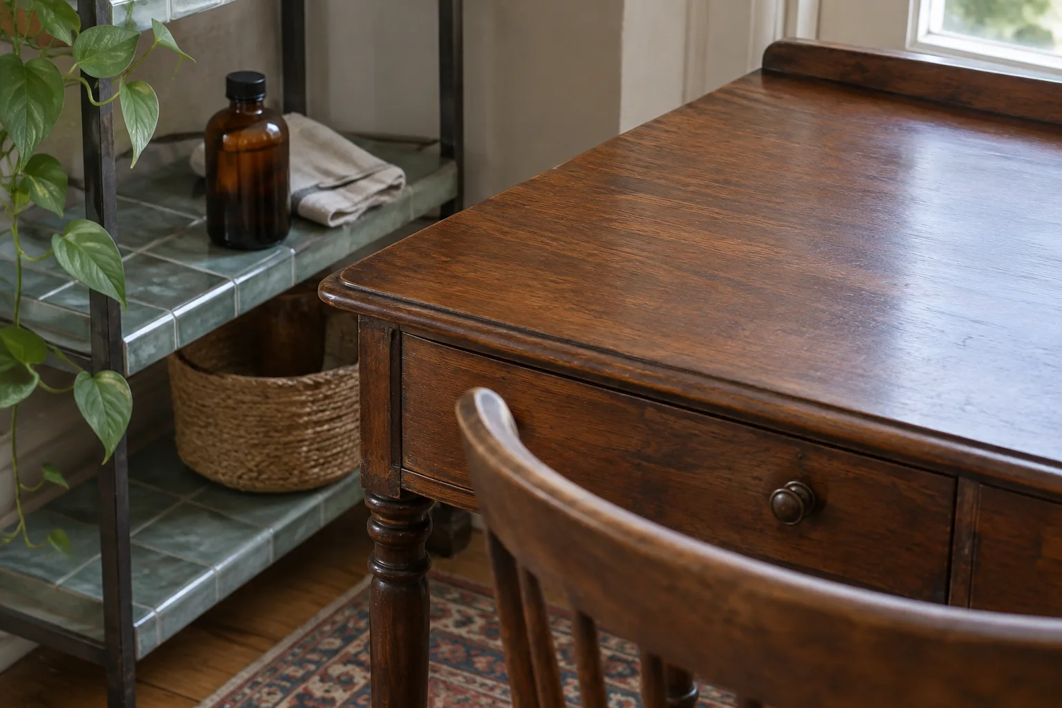 A stored polish bottle and cloth sit apart from an empty wooden desk.