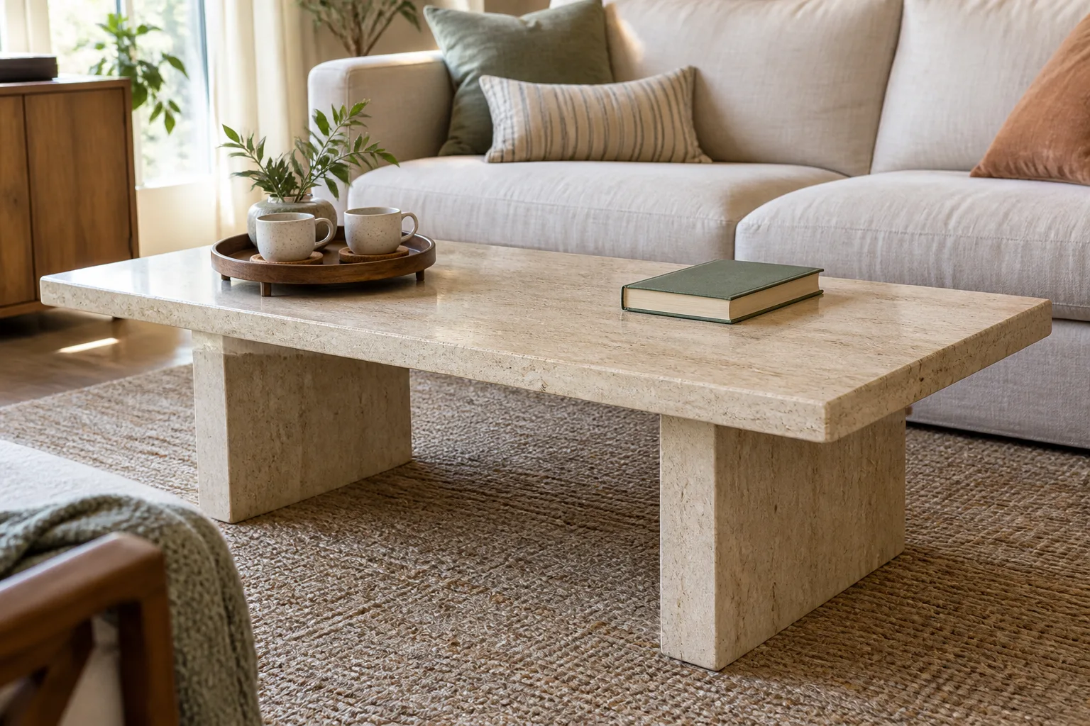 A pale stone coffee table carries cups on coasters within a small tray.