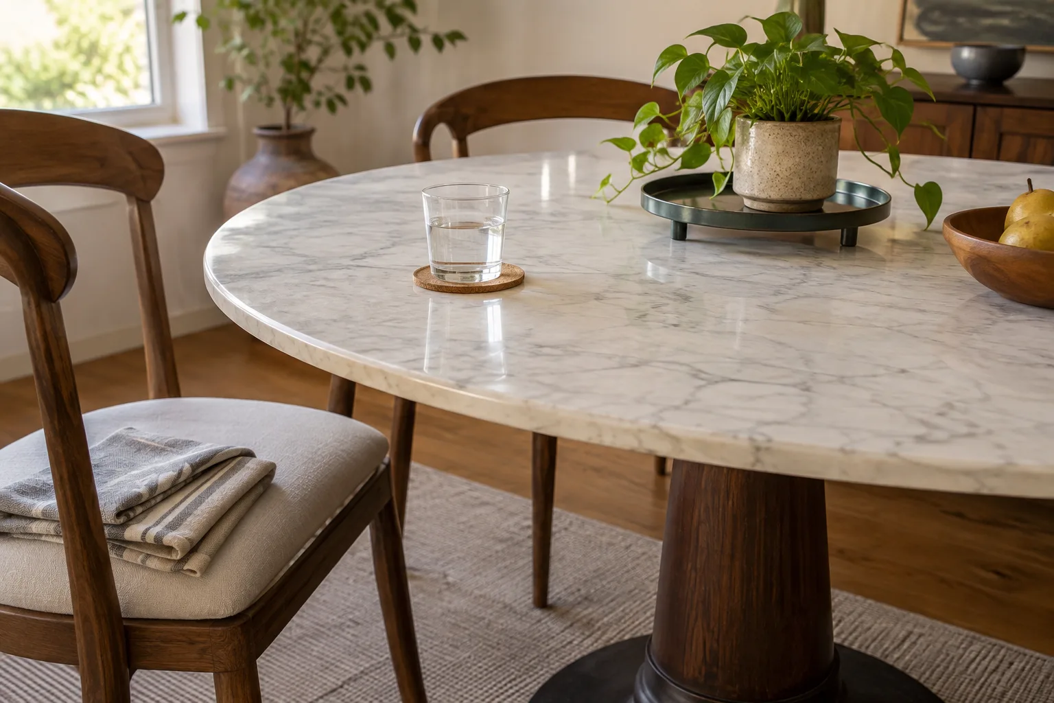 A stone dining table with a coaster and a plant on a raised protective tray.