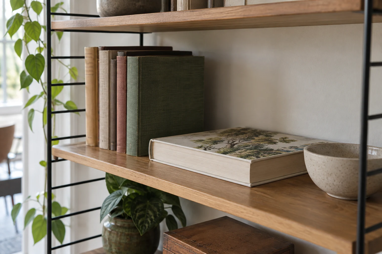 An oblique view of a wooden wall shelf shows upright books, one large book laid flat and the front edge beside a black wire side panel.
