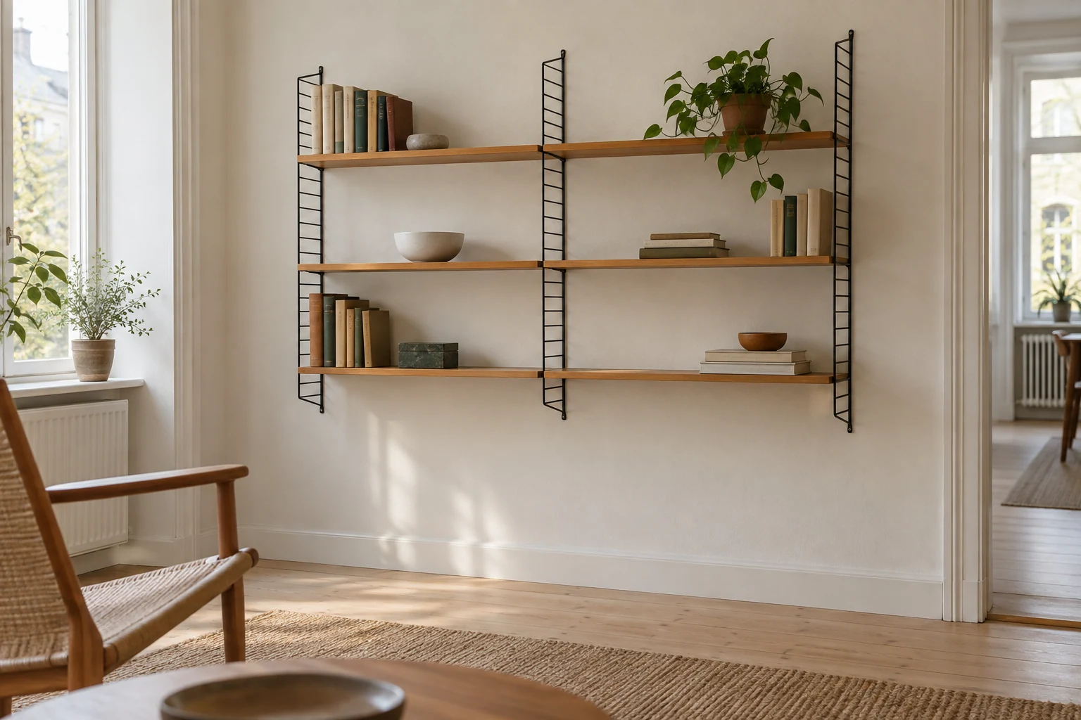 Two adjoining bays of wooden wall shelves share a central black wire ladder panel, with books, a bowl and a small plant.