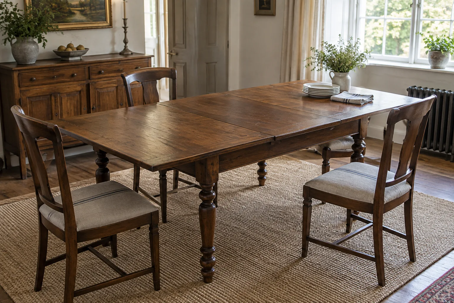 A long wooden dining table with a central leaf and chairs alongside it.
