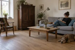 A modest sitting room with dark cabinet, pale table, grey sofa and wooden armchair.