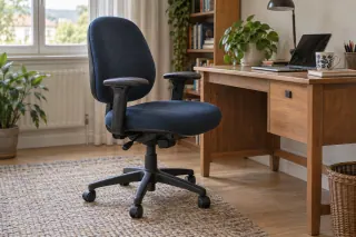An upholstered older-style office chair beside a wooden desk, with its arms and base visible.