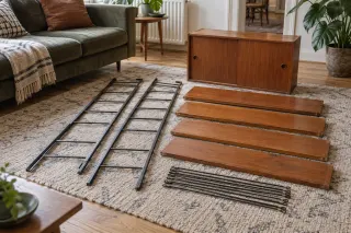 Ladder-shaped uprights, wooden shelves, a cabinet and grouped rods laid out separately on a living-room rug.