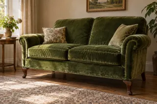 Green velvet sofa in side light, with lighter and darker areas across its piled surface.