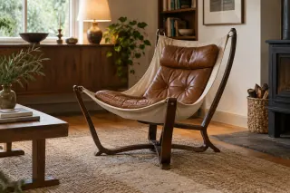 A cushioned hammock-style lounge chair hangs inside a curved wooden frame.