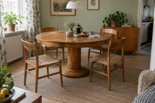 A round wooden pedestal dining table with four chairs in a softly lit apartment.