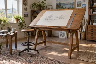 An older wooden draughting table with a tilted board, a stool and a level side table for drawing materials.