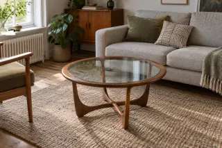 Round wooden-bordered glass coffee table in front of a sofa, with its base and rug visible through the top.