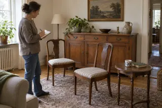 An adult making notes beside furniture in an older home.