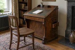 A small sloping-top antique-style desk with side drawers and a notebook.