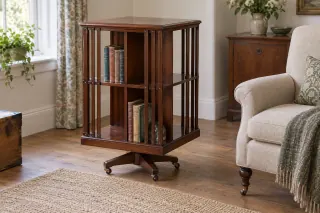 A small square revolving bookcase with shallow compartments and a few novels beside a reading chair.