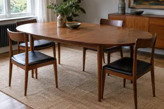 An older-style teak dining table with its central extension in use.
